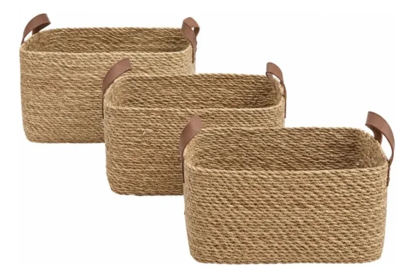 Conjunto 3 Cestos Organizadores Retangulares De Fibra Natural Com Alça Em Couro