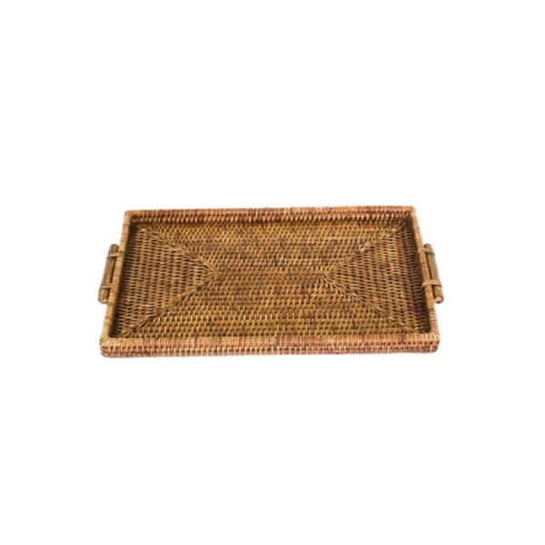 Bandeja Em Rattan Kanthava Com Alça De Madeira Pequena