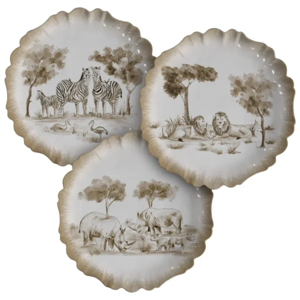 Jogo 3 Pratos Rasos Cerâmica Safari