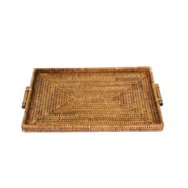 Bandeja Em Rattan Kanthaya Com Alça De Madeira Grande