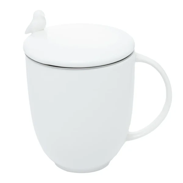 Caneca Porcelana C/Tampa e Infusor Birds Branca 350 ml